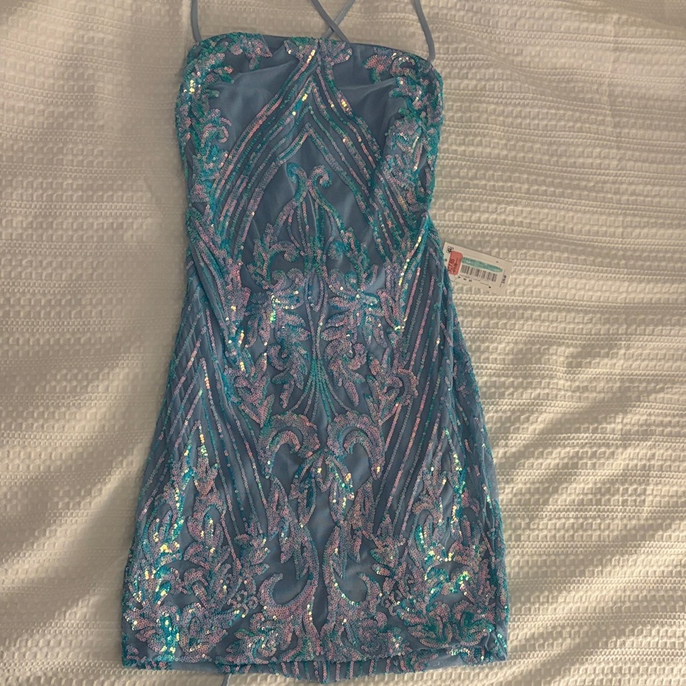 Elegant Blue and Pink Sequin Mini Dress